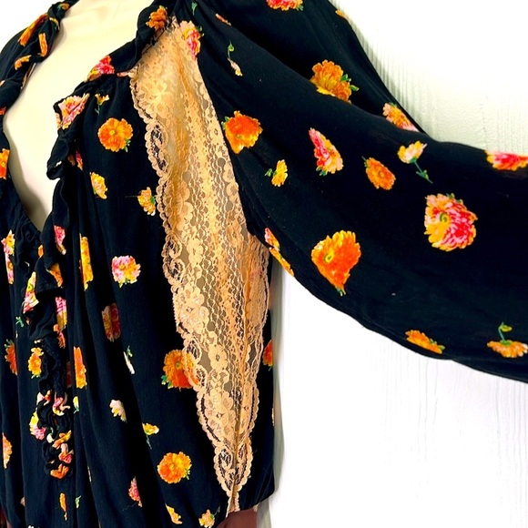 Free People - Poppy Orange Lace Ruffle Long Sleeve Full Brief Bodysuit Size M - Picture 8 of 15